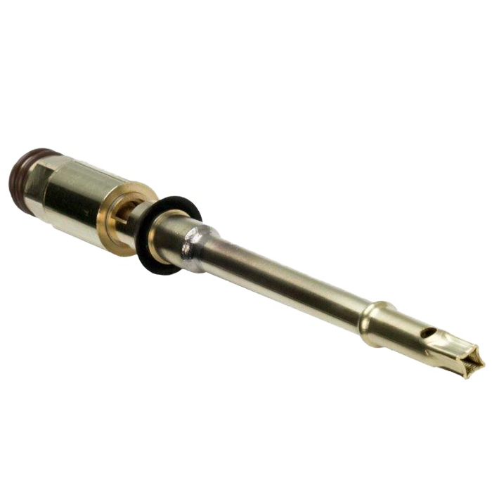 Metal valve stem and cartridge assembly with brass components, black rubber seal, and threaded connection end.