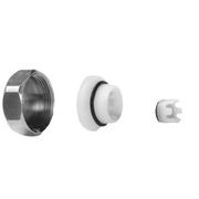 Metal cap, white rubber seal assembly, and white plastic clip component for vacuum breaker repair.