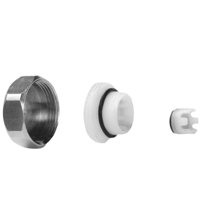Metal cap, white rubber seal assembly, and white plastic clip component for vacuum breaker repair.