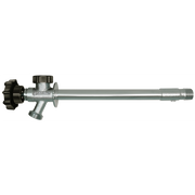 Frost-free sillcock with metal body, black handle valve, and threaded outlet for outdoor water connection.
