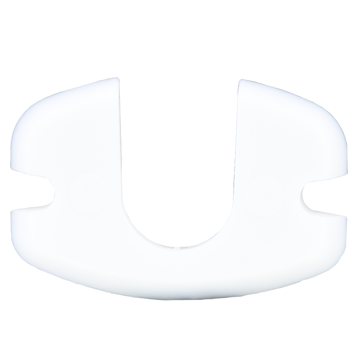 White plastic dual vacuum breaker repair component with curved sides and central slot opening.