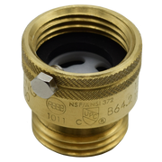 Brass vacuum breaker valve with threaded connections and hex adjustment nut on cylindrical body.