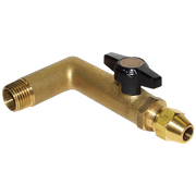 Brass ball valve with black lever handle, male threaded inlet on left, and barbed outlet on right.