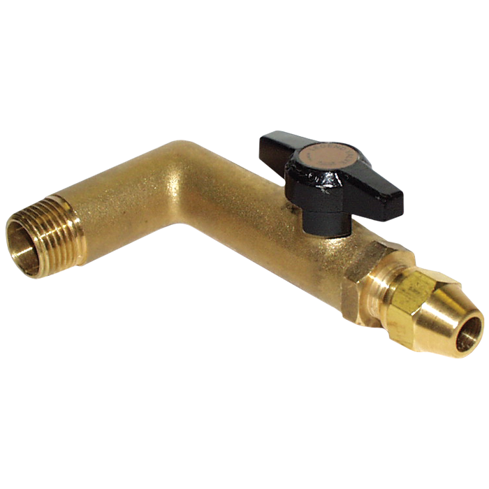 Brass ball valve with black lever handle, male threaded inlet on left, and barbed outlet on right.