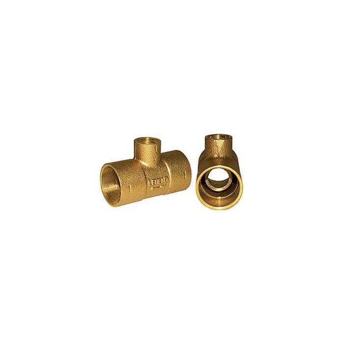 Cast brass venturi tee fitting with three ports in different sizes, shown from two angles.