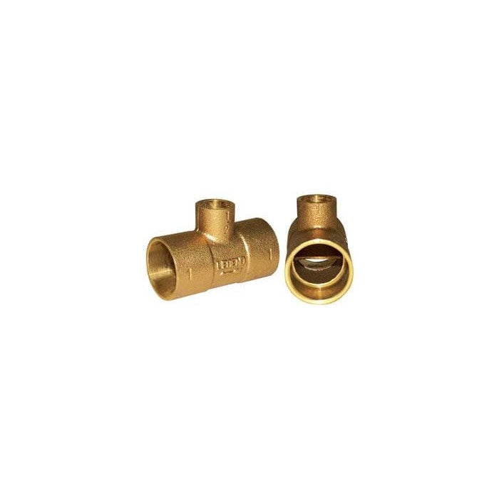 Brass tee fitting with three ports shown from two angles, displaying the T-shaped connector and end opening.