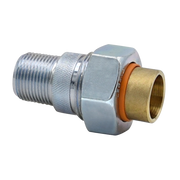 Brass and chrome dielectric union fitting with male threaded connection on left and sweat connection on right.
