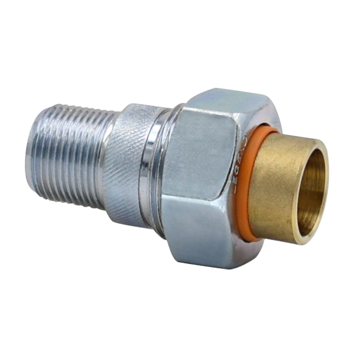 Brass and chrome dielectric union fitting with male threaded connection on left and sweat connection on right.