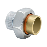 Three-pack of 3/4" dielectric union valves with female pipe thread and sweat connections in chrome and brass.