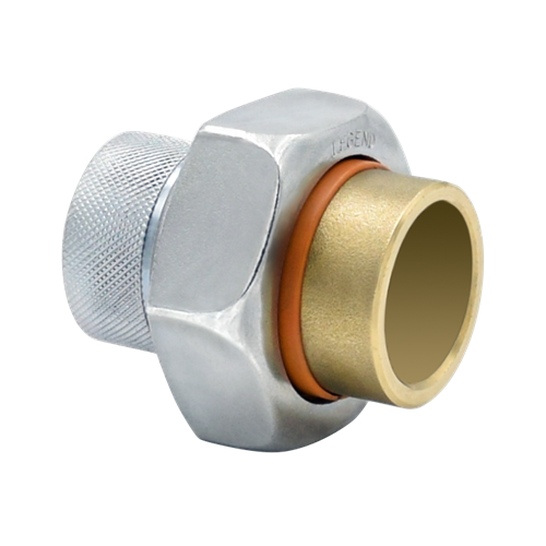 Chrome dielectric union with female threaded inlet and copper sweat outlet, orange insulating washer visible.