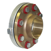 Brass dielectric union with red threaded connections and metal bolts on flanged body.