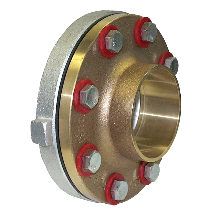 Brass dielectric union with red threaded connections and metal bolts on flanged body.