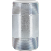 Chrome-plated brass nipple with male threads on both ends and smooth cylindrical center section.