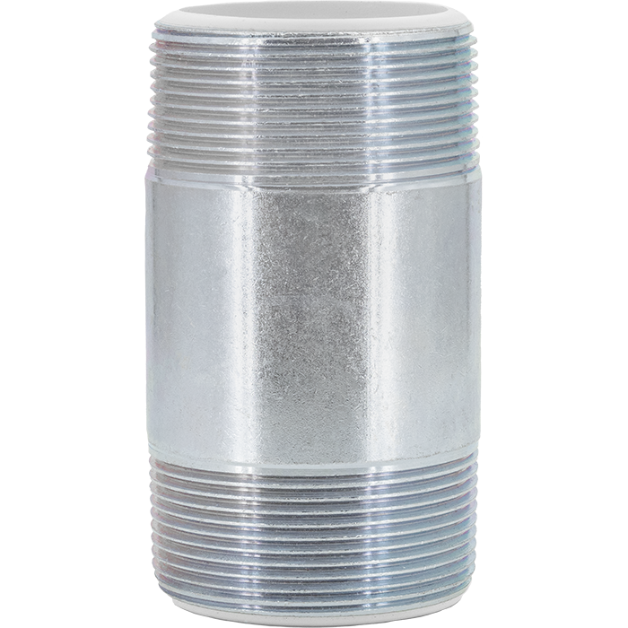 Chrome-plated brass nipple with male threads on both ends and smooth cylindrical center section.