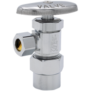 Chrome plumbing shut-off valve with brass insert, 1-1/4 inch connection, flat handle wheel on top.