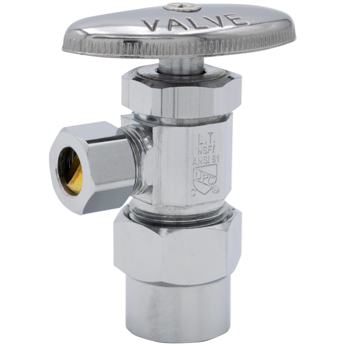 Chrome plumbing shut-off valve with brass insert, 1-1/4 inch connection, flat handle wheel on top.