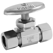 Chrome brass straight stop valve with 3/8" OD connections, wide oval handle, and T-582NL marking on cylindrical body.
