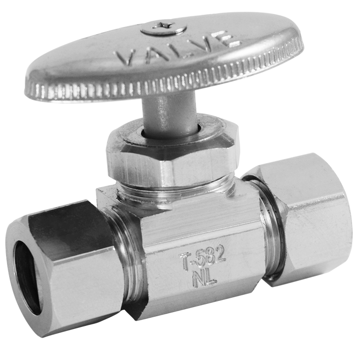 Chrome brass straight stop valve with 3/8" OD connections, wide oval handle, and T-582NL marking on cylindrical body.