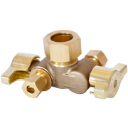 Chrome brass angle stop valve with dual handles and three connection ports for water supply lines.