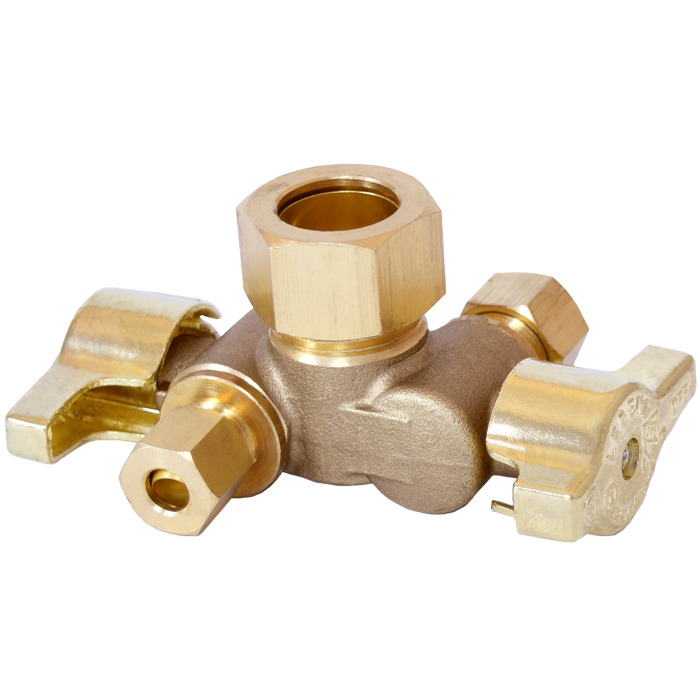 Chrome brass angle stop valve with dual handles and three connection ports for water supply lines.