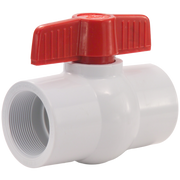 White PVC ball valve with red lever handle and threaded female connection ports.