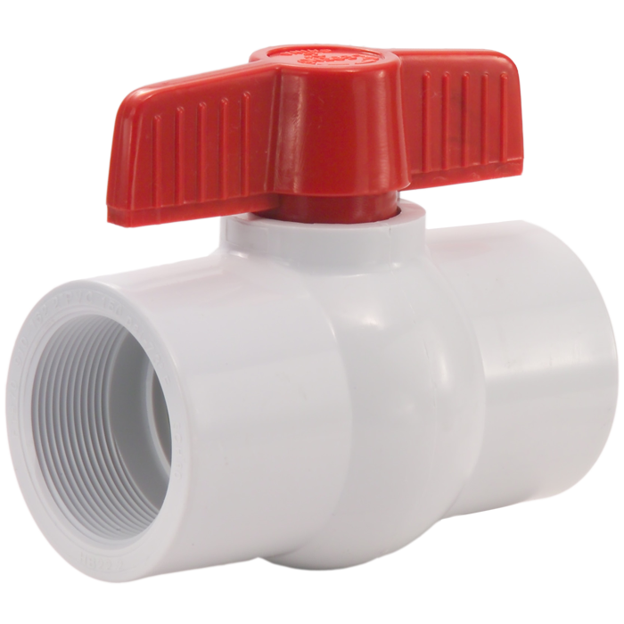 White PVC ball valve with red lever handle and threaded female connection ports.