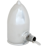 Chrome angled steam air vent with tear-drop shaped body and threaded outlet with manual lever handle.