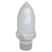 Chrome air vent valve with tapered bullet-shaped cap and hexagonal collar, threaded male connection on base.