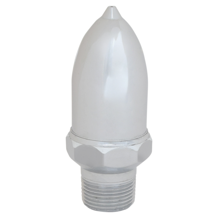 Chrome air vent valve with tapered bullet-shaped cap and hexagonal collar, threaded male connection on base.