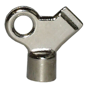 Metal valve key with circular loop handle and angled slot opening for coin insertion.
