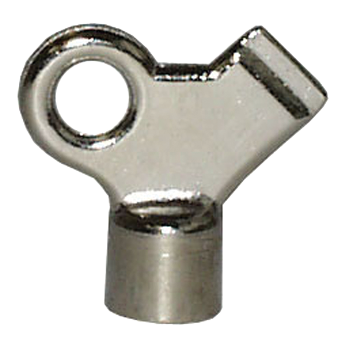 Metal valve key with circular loop handle and angled rectangular shaft for coin-operated air vent access.