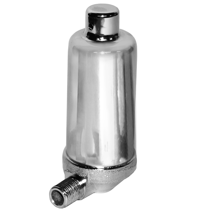 Chrome-plated angle steam air vent with cylindrical body and threaded male connector on angled base.