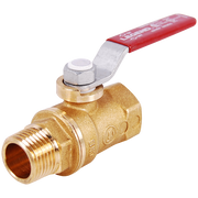 Forged brass ball valve with red lever handle and threaded male and female connections.