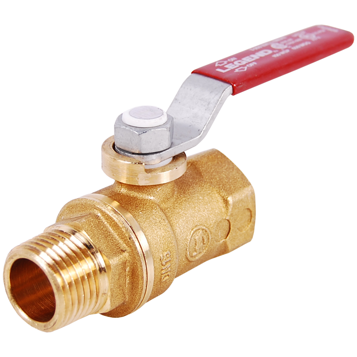 Forged brass ball valve with red lever handle and threaded male and female connections.