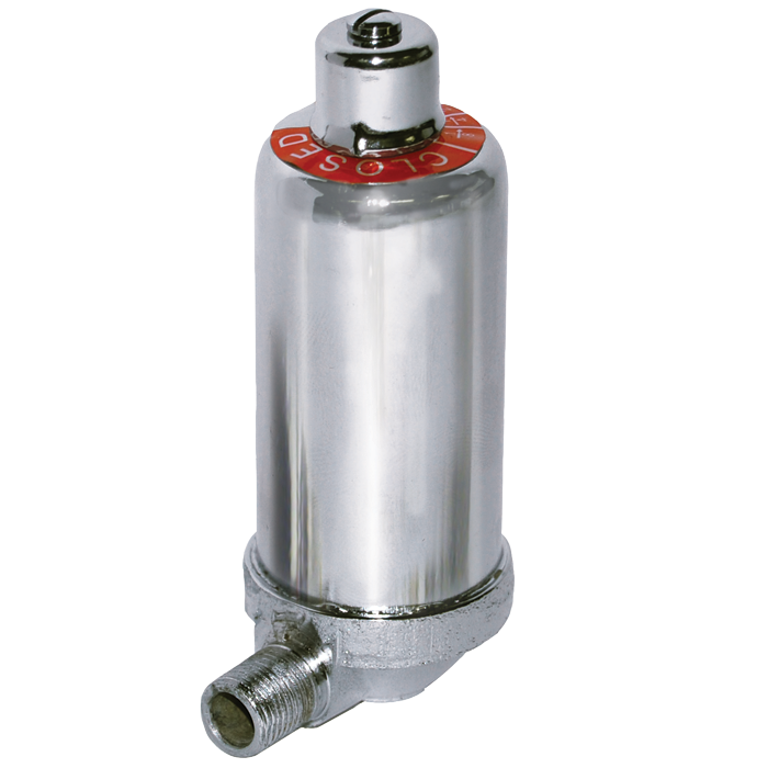 Chrome steam air vent valve with red temperature dial and angled outlet connection.