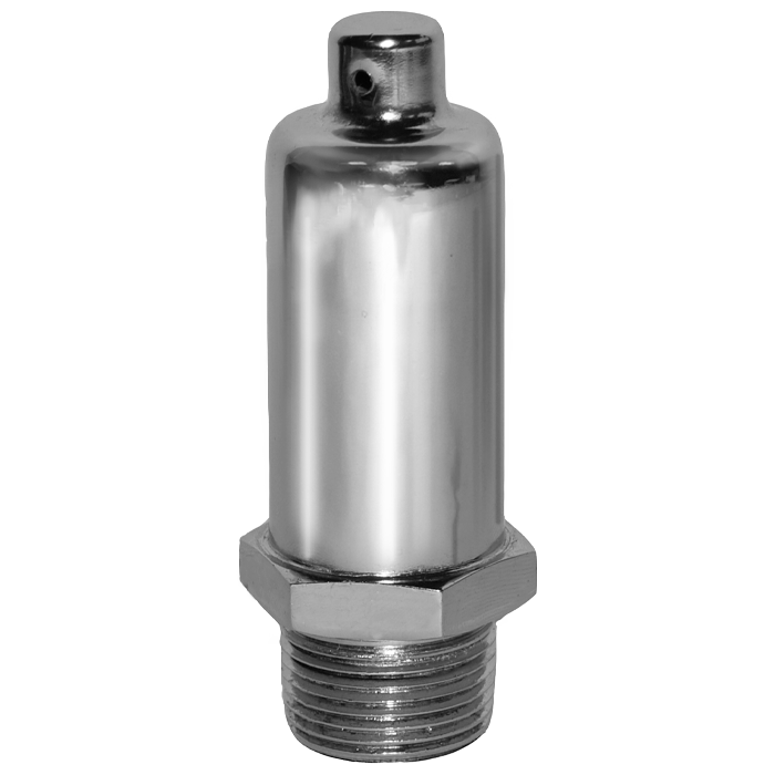 Chrome-plated brass air vent with cylindrical body, male threaded base, and small vent hole on rounded cap.
