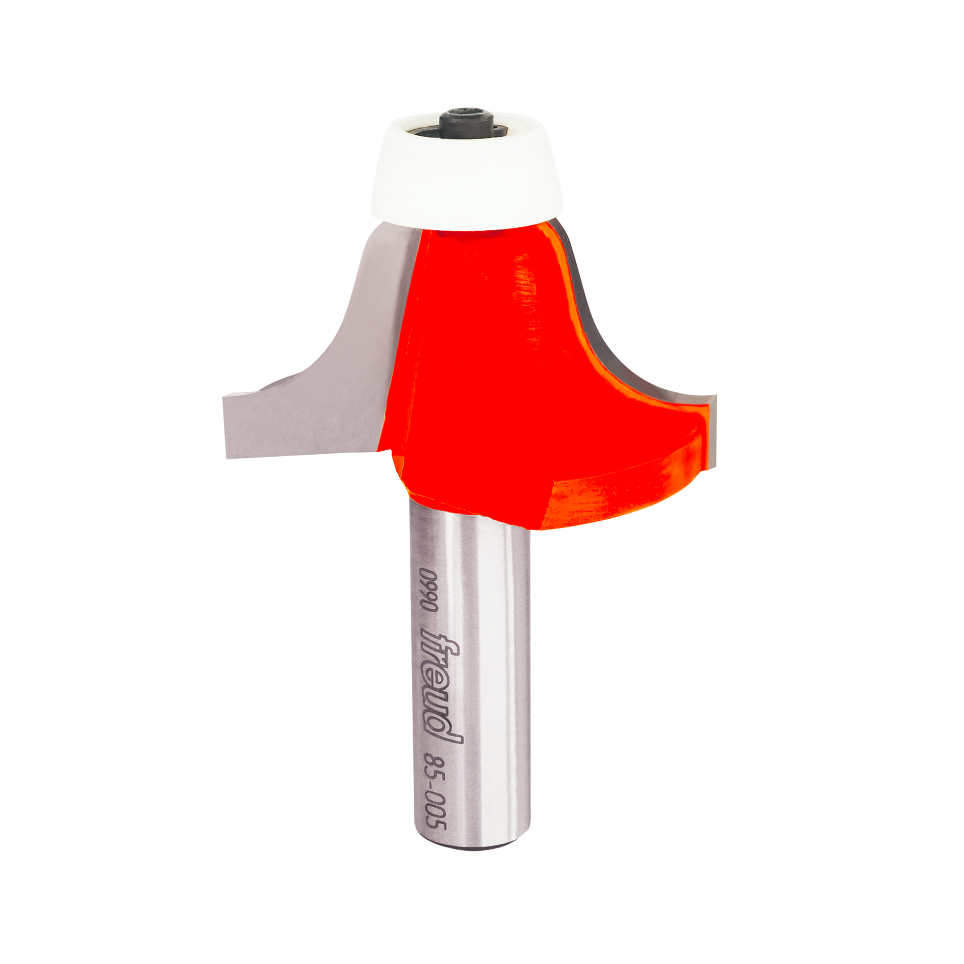 Freud 85-005 router bit with red ogee cutting head and silver shank with black collet on white background.
