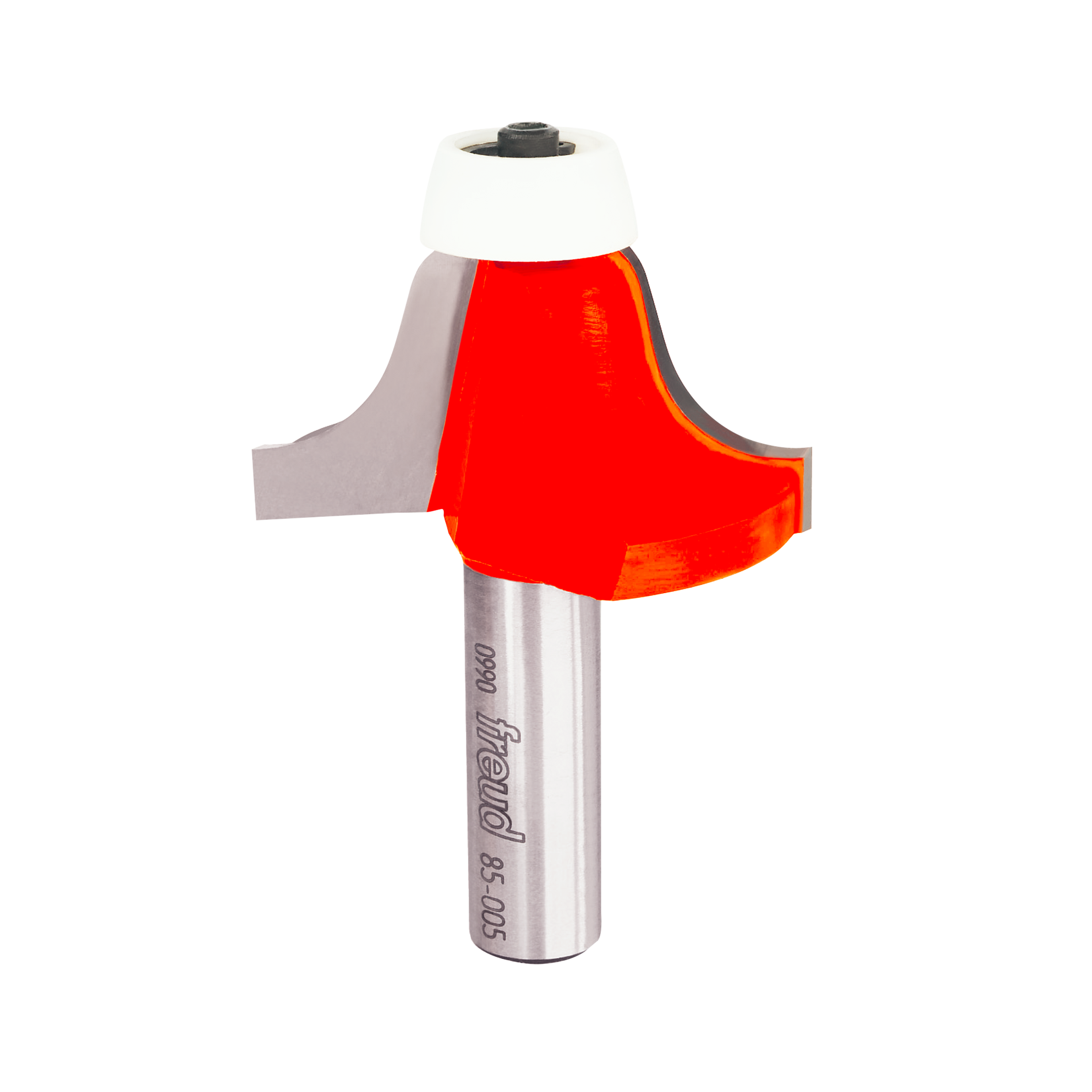 Freud 85-005 router bit with red ogee cutting head and silver shank with black collet on white background.