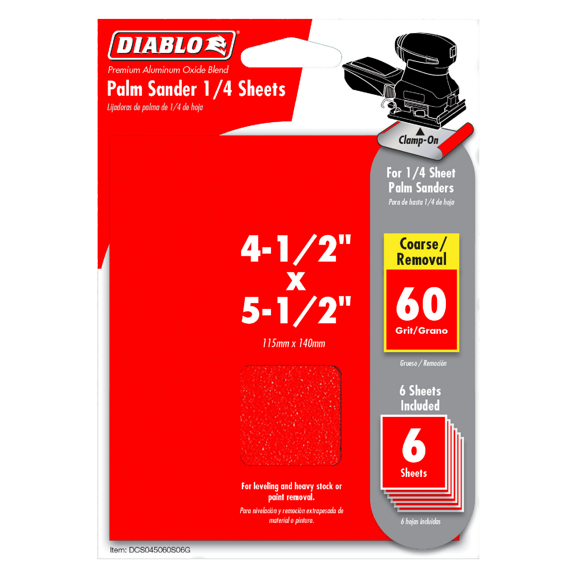 Pack of six 4-1/2" x 5-1/2" red abrasive sanding sheets, 60 grit, for palm sanders.