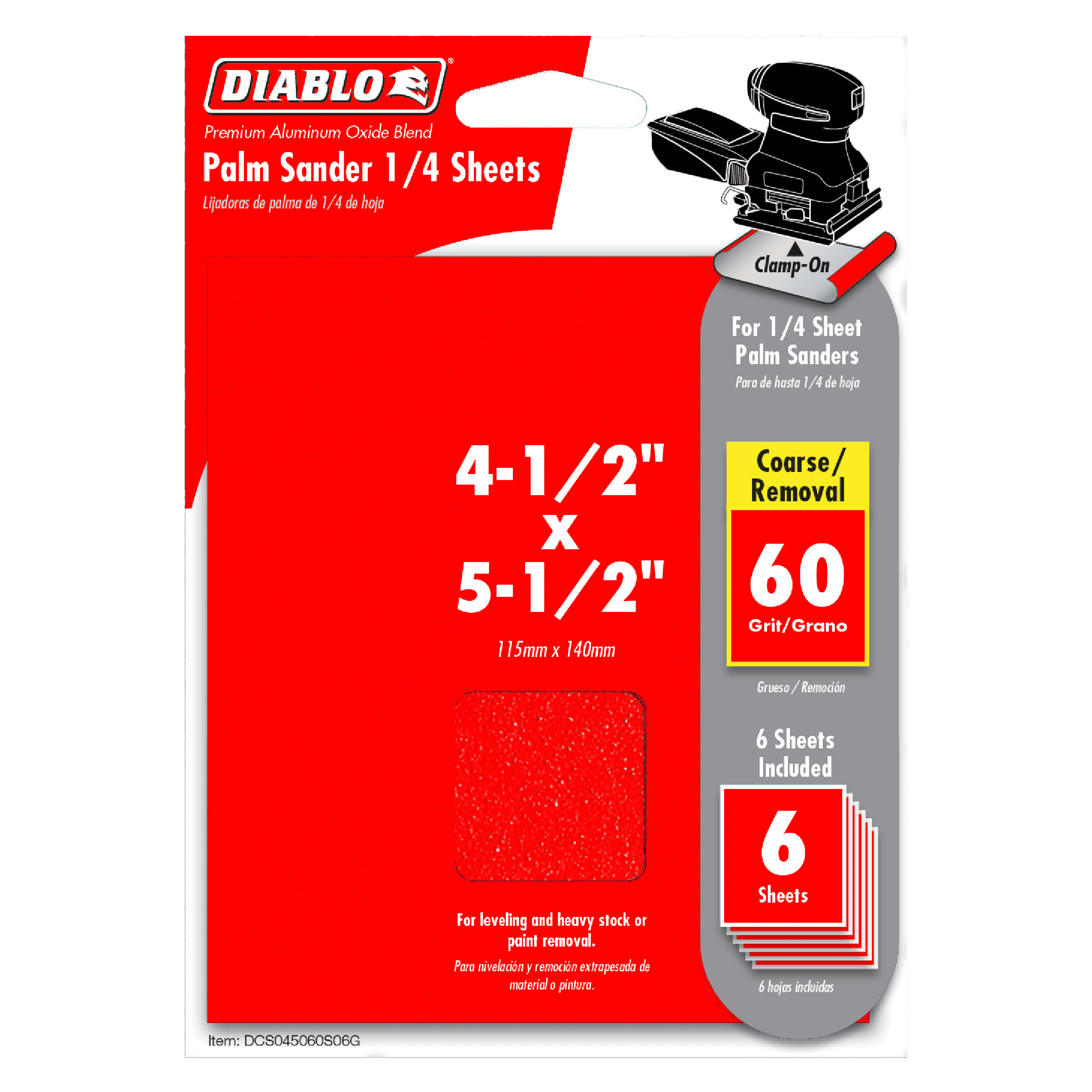 Pack of six 4-1/2" x 5-1/2" red abrasive sanding sheets, 60 grit, for palm sanders.