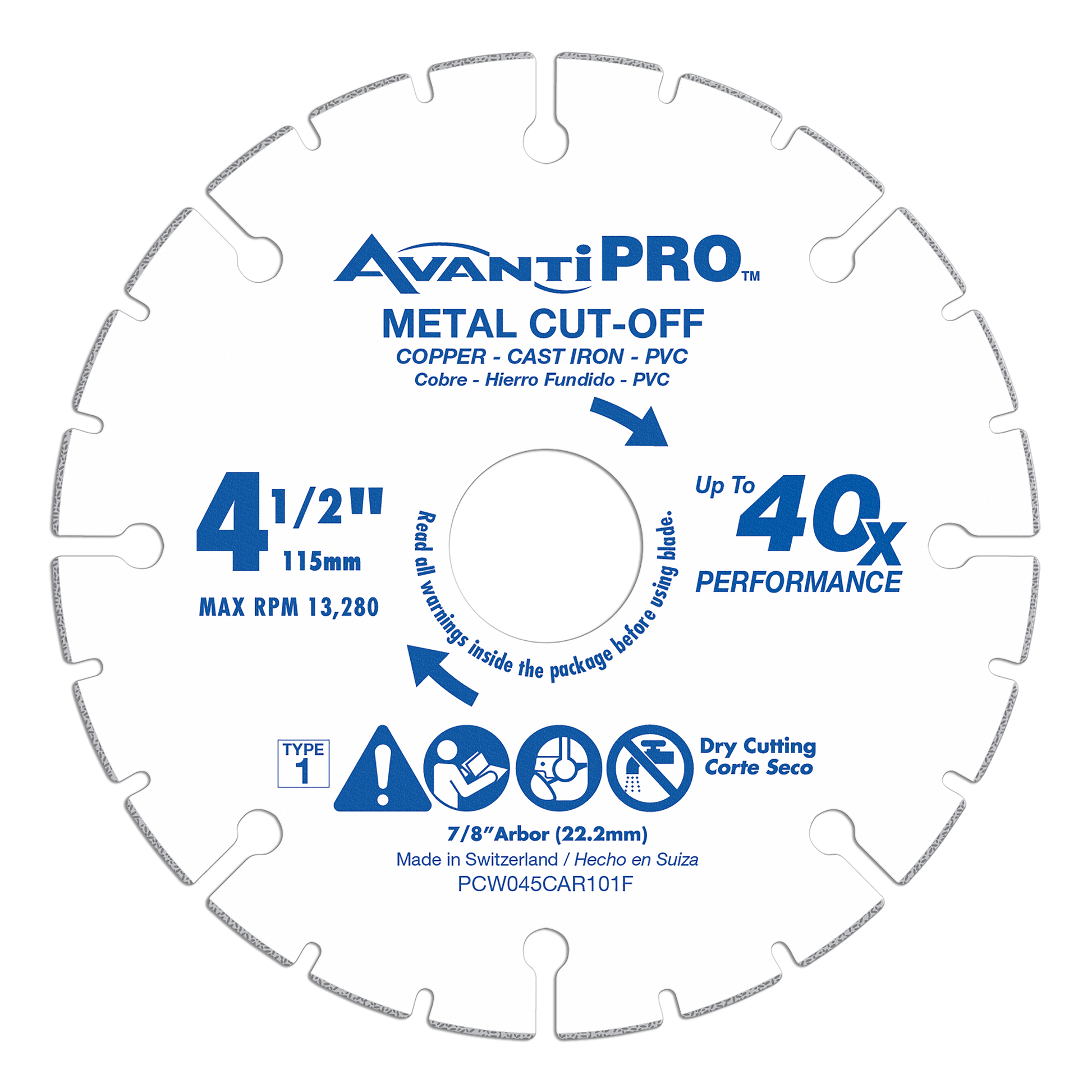 AvantiPRO 4.5 inch carbide grit metal cut-off wheel with segmented edge and center arbor hole.