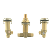 Brass three-piece rough-in valve assembly with threaded ports and color-coded hot/cold indicators, shown from front and side 