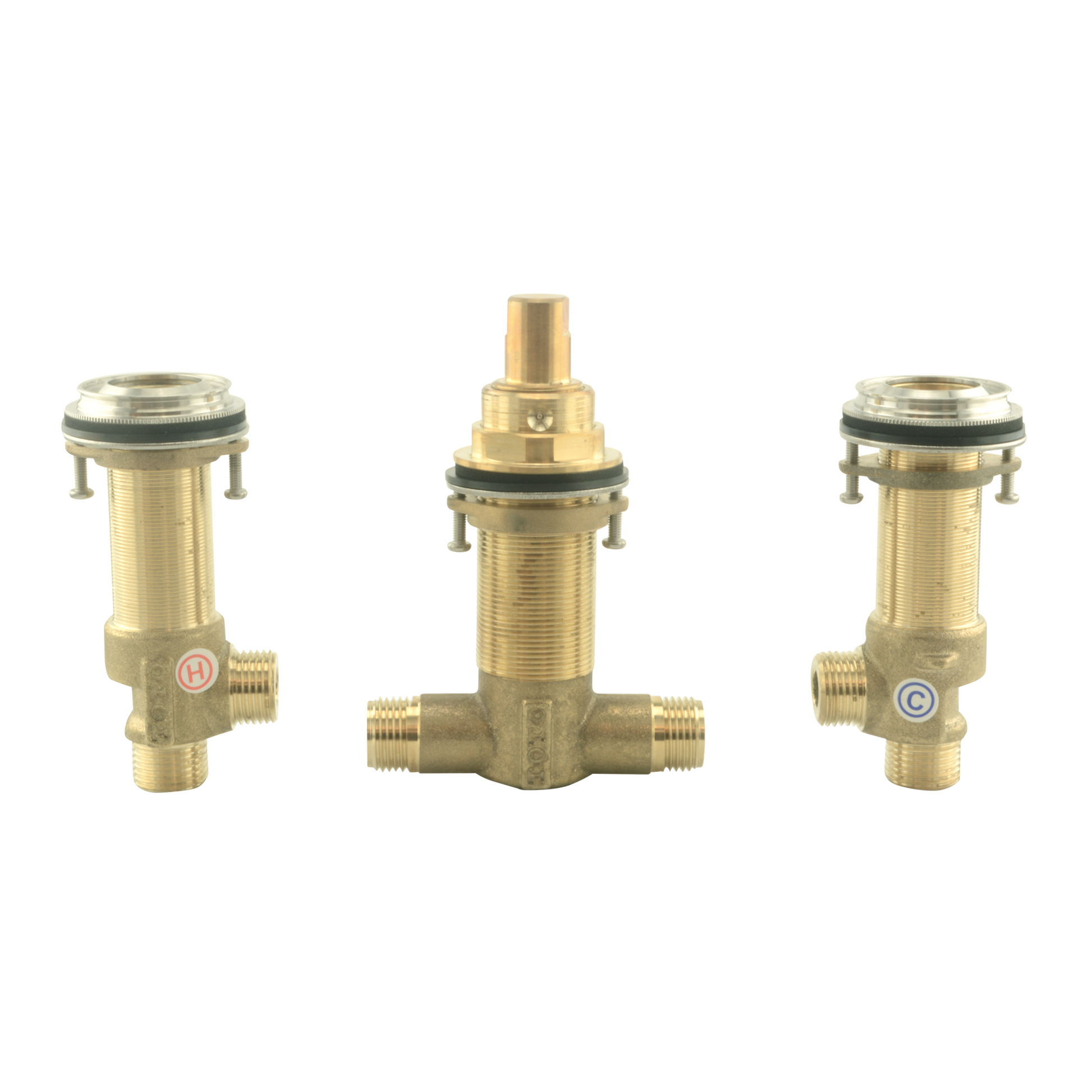 Brass three-piece rough-in valve assembly with threaded ports and color-coded hot/cold indicators, shown from front and side 