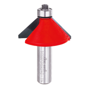 Chamfer bit with red cone-shaped cutting head and silver metal shaft with black backing flange.