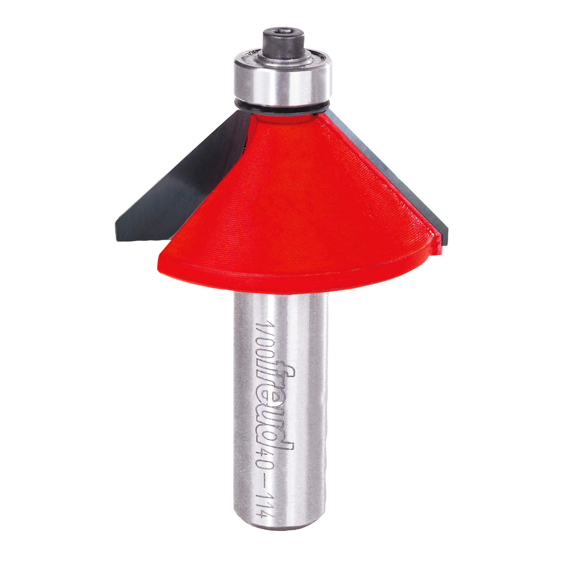 Chamfer bit with red cone-shaped cutting head and silver metal shaft with black backing flange.