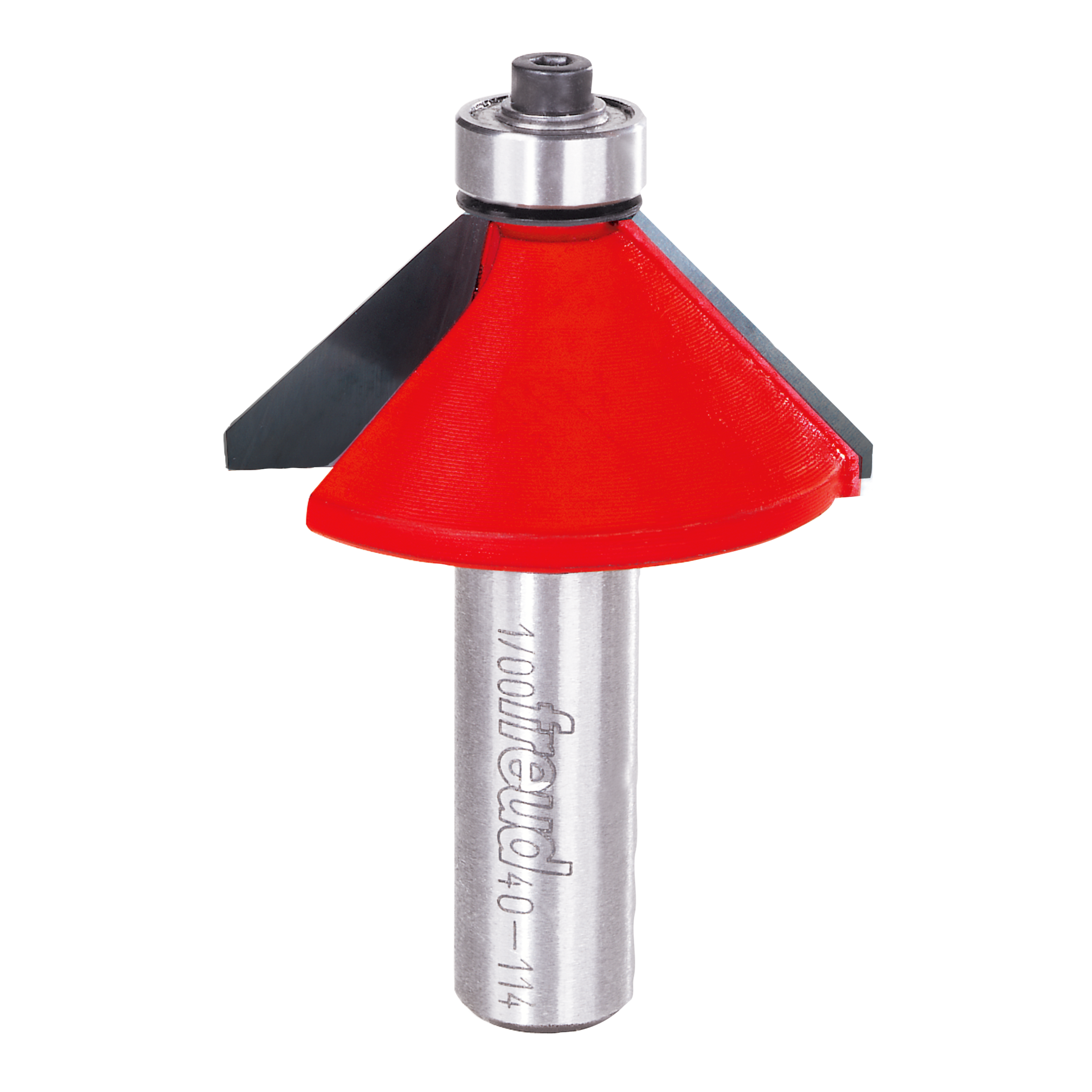 Chamfer bit with red cone-shaped cutting head and silver metal shaft with black backing flange.