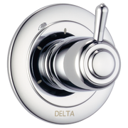 Chrome Delta 3-setting 2-port diverter trim with circular trim plate and lever handle.