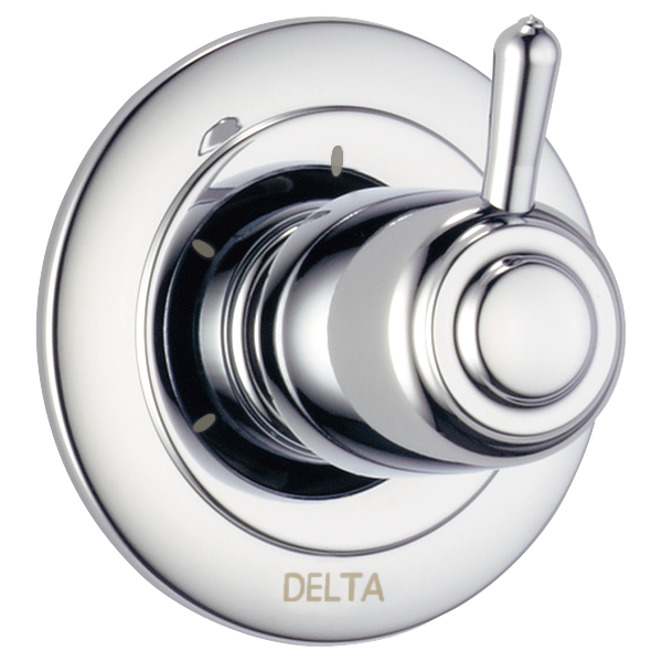 Chrome Delta 3-setting 2-port diverter trim with circular trim plate and lever handle.