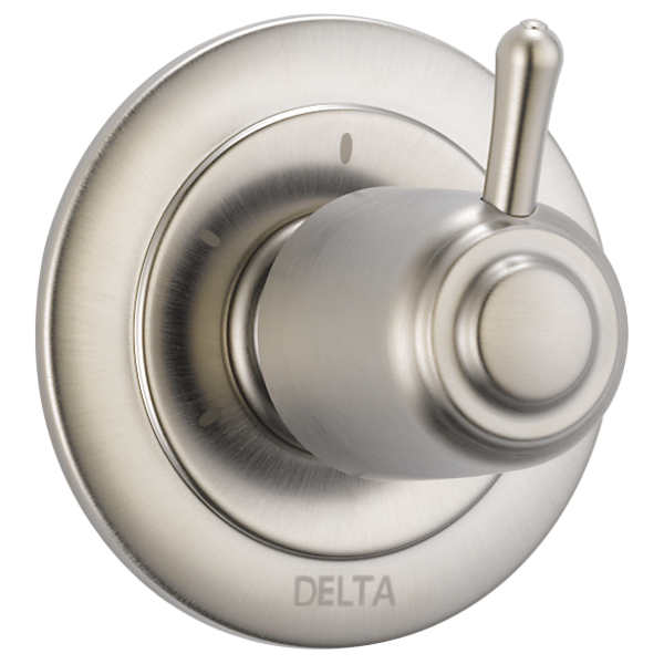 Brushed nickel Delta diverter trim with round escutcheon plate and lever handle.