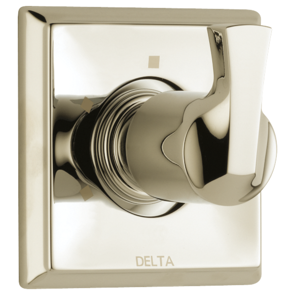 Polished nickel Delta diverter trim with lever handle and square escutcheon plate for shower and bath valve control.